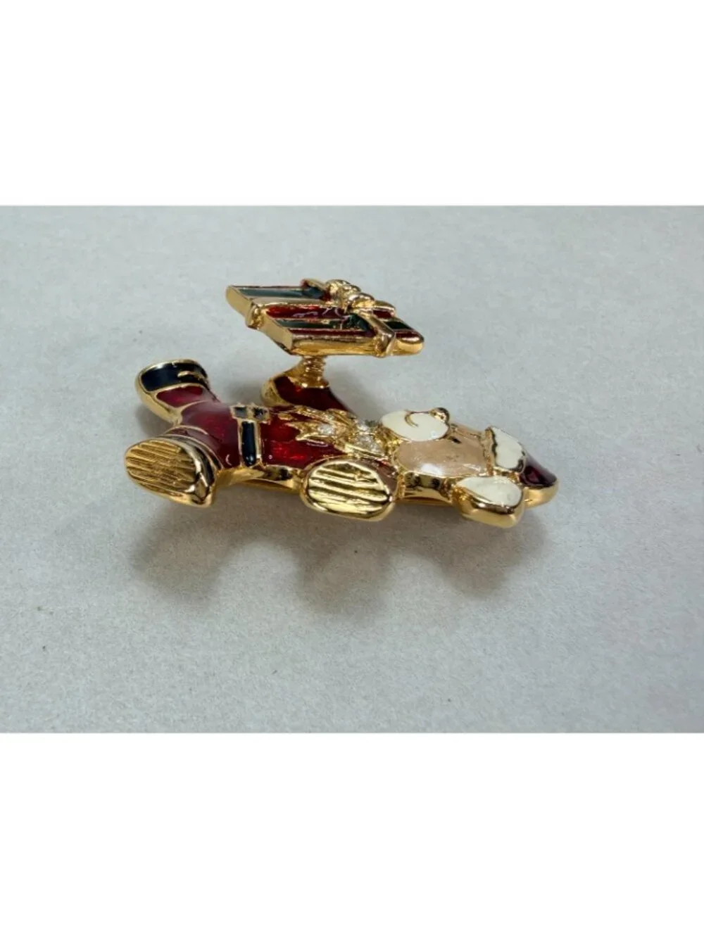 Vintage Christmas Teddy Bear Moving Gift Spring Enamel Rhinestone Brooch Pin